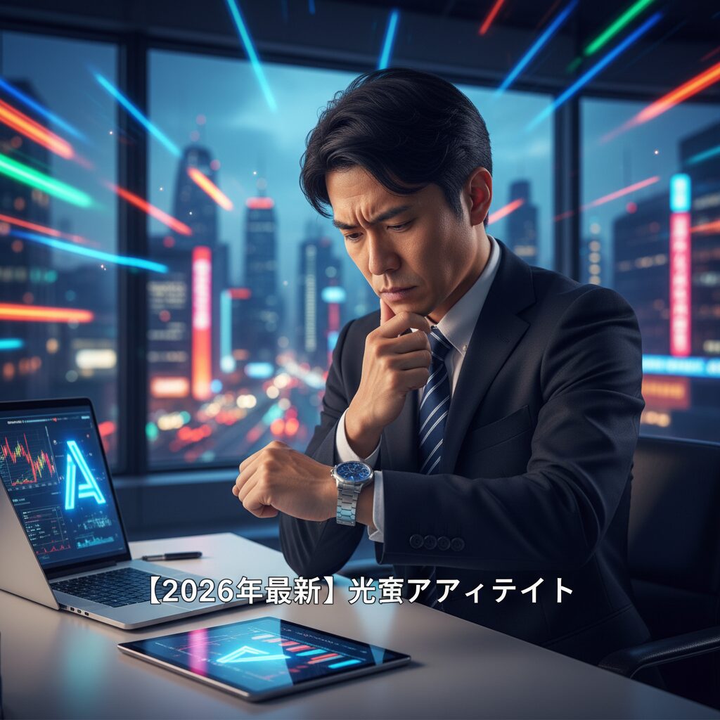 忙しいサラリーマンが時計を見ながら悩んでいる様子